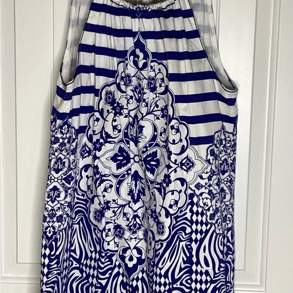 Max Studio Blue and White Halter Dress.  Sz. Med Boho, Summertime, Resortwear - Picture 2 of 9